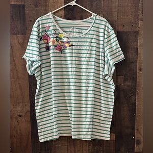 Women’s Sz 3x Laura Scott White & Teal Striped Tee with Floral Shoulder Applique